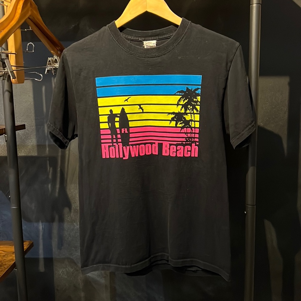🖤Hollywood Beach Florida T-shirt black hot pink yellow & blue logo